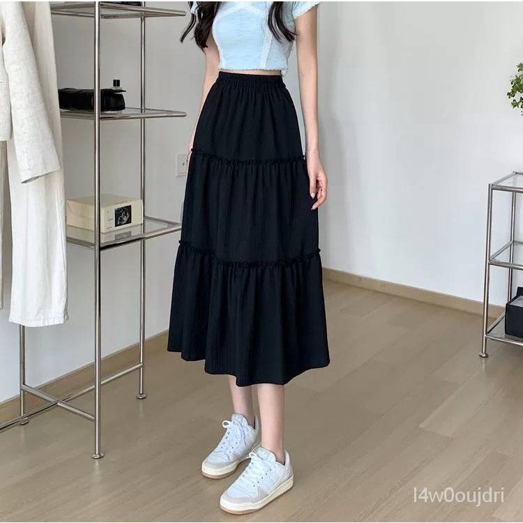 Chân váy xòe form dài vintage nữ nhún viền tiểu thư