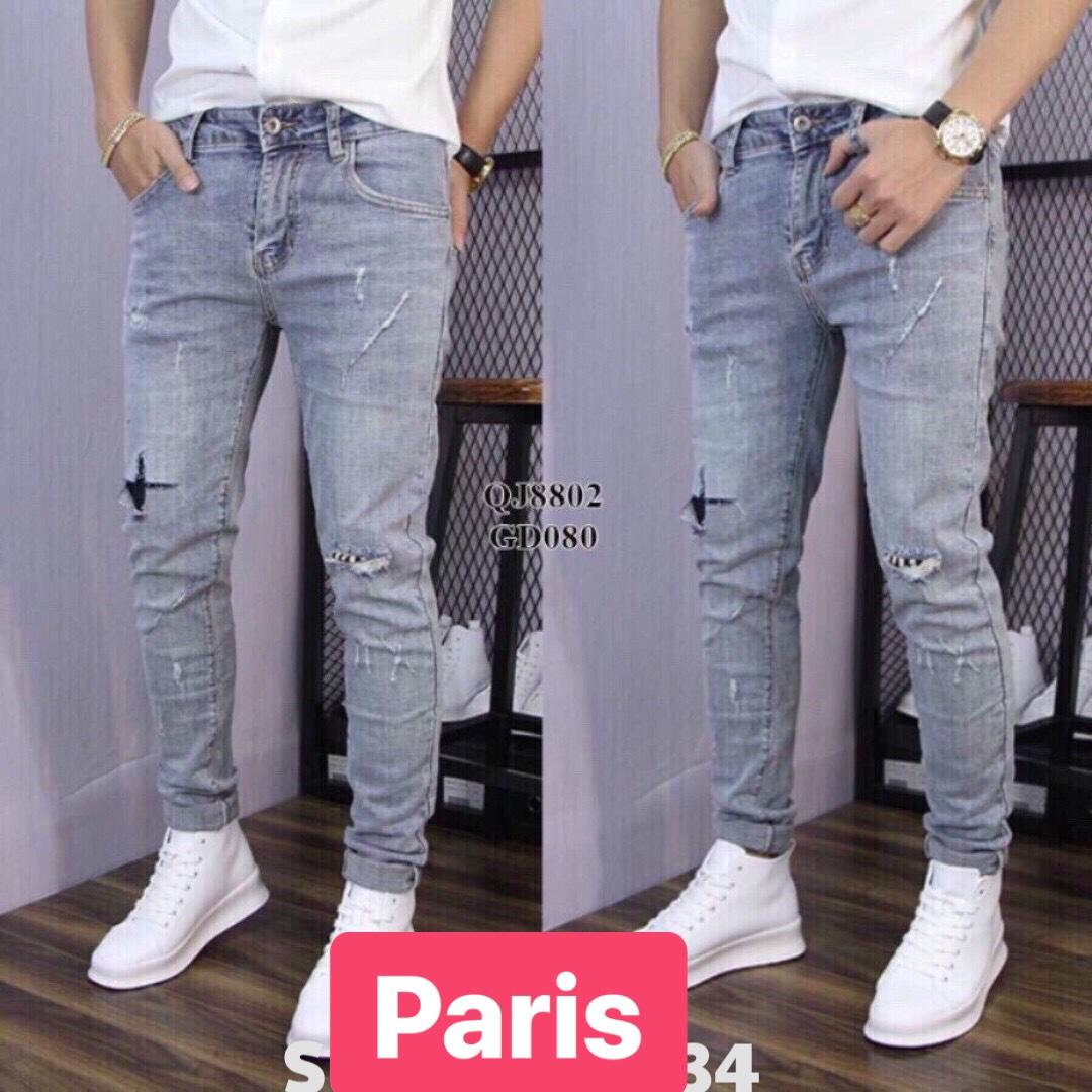 QUẦN BAGGY JEAN NAM CHẤT BÒ XANH RÁCH CHỮ THẬP SIÊU CO GIÃN PR-080 CAO CẤP - PARIS FASHION