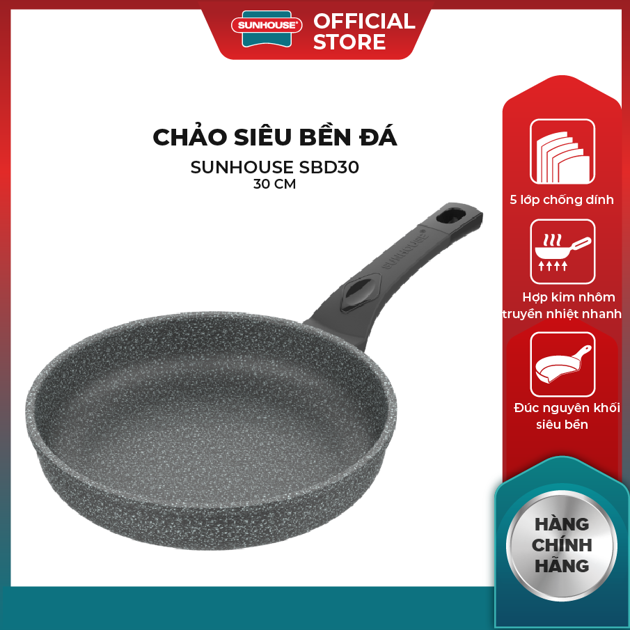 Chảo Đá Chống Dính SUNHOUSE SBD30 - Đường kính 30cm - Không dùng được với bếp từ - Hàng Chính Hãng