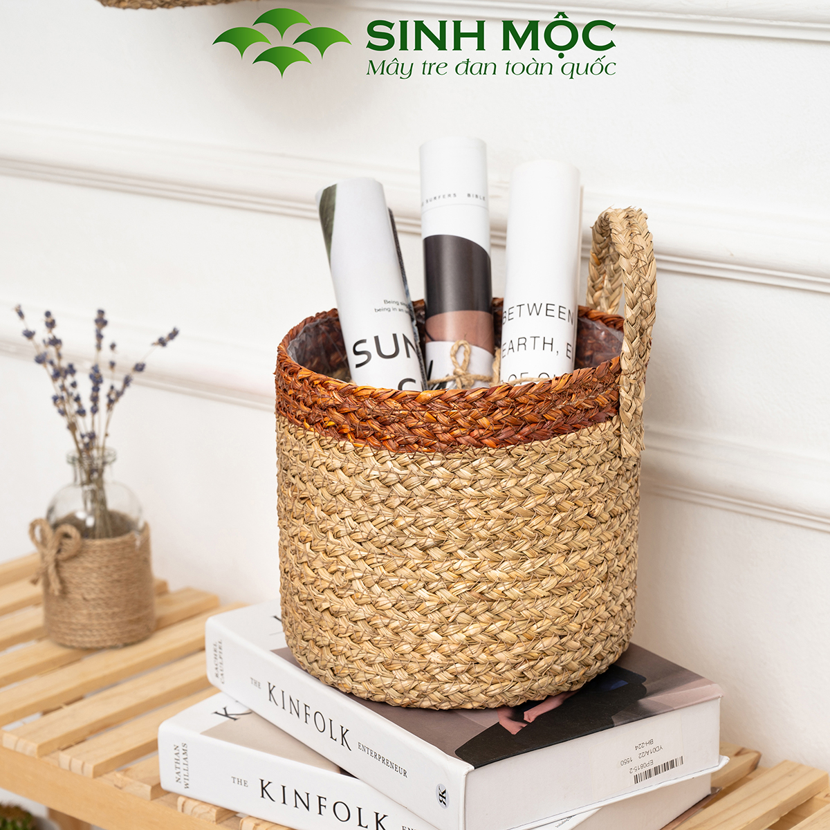 Giỏ cói trồng cây, giỏ đựng đồ, giỏ mây tre đan Sinh Mộc - M1004