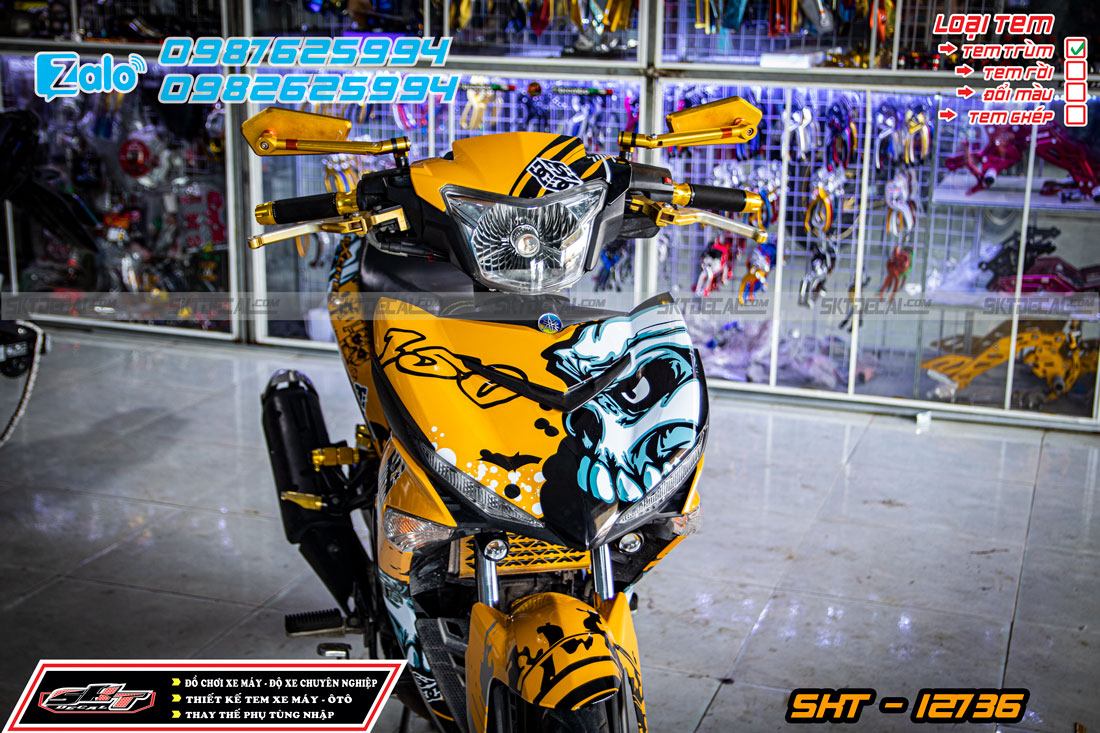 tem trùm exciter 150 đầu lâu vàng đen