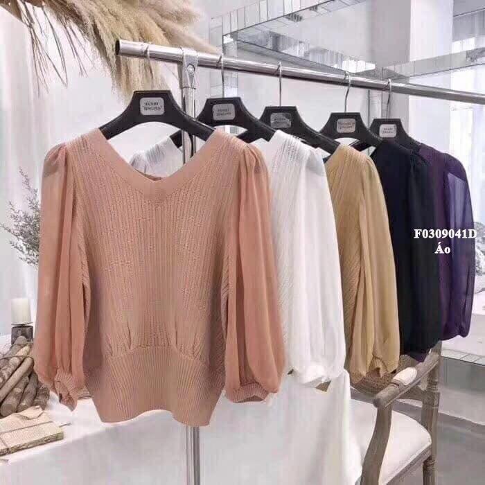 Áo thun len cổ tim tay phồng