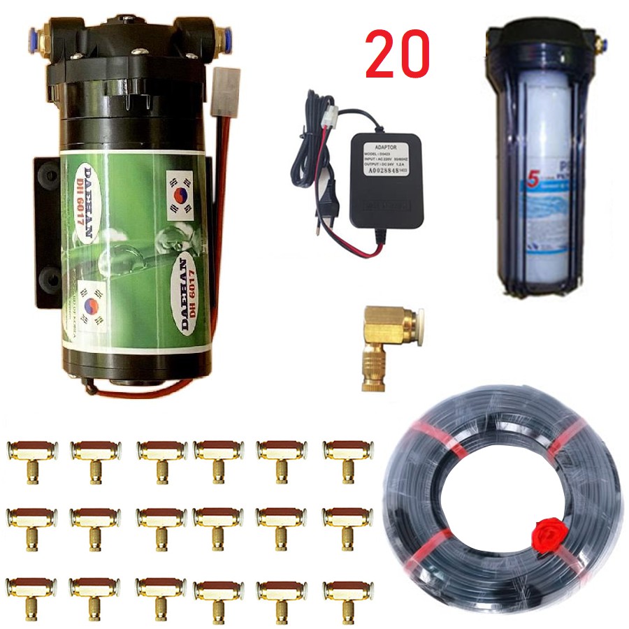 Trọn bộ phun sương 20 béc phun máy bơm Hàn Quốc làm mát quán ăn, cafe làm mát không gian gồm đủ phụ kiện
