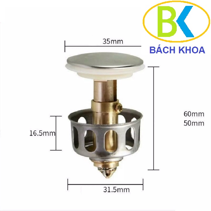 Nút nhấn bộ xả lavabo bồn rửa mặt, ti đồng thau, sọt chặn rác inox, mặt giữ nước crom sáng bóng, tháo lắp vào chậu dễ dàng