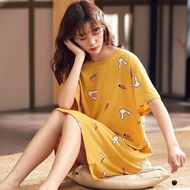 Váy ngủ cộc tay hot trend, đầm ngủ dáng suông chất thun mềm mại hoạ tiết dễ thương