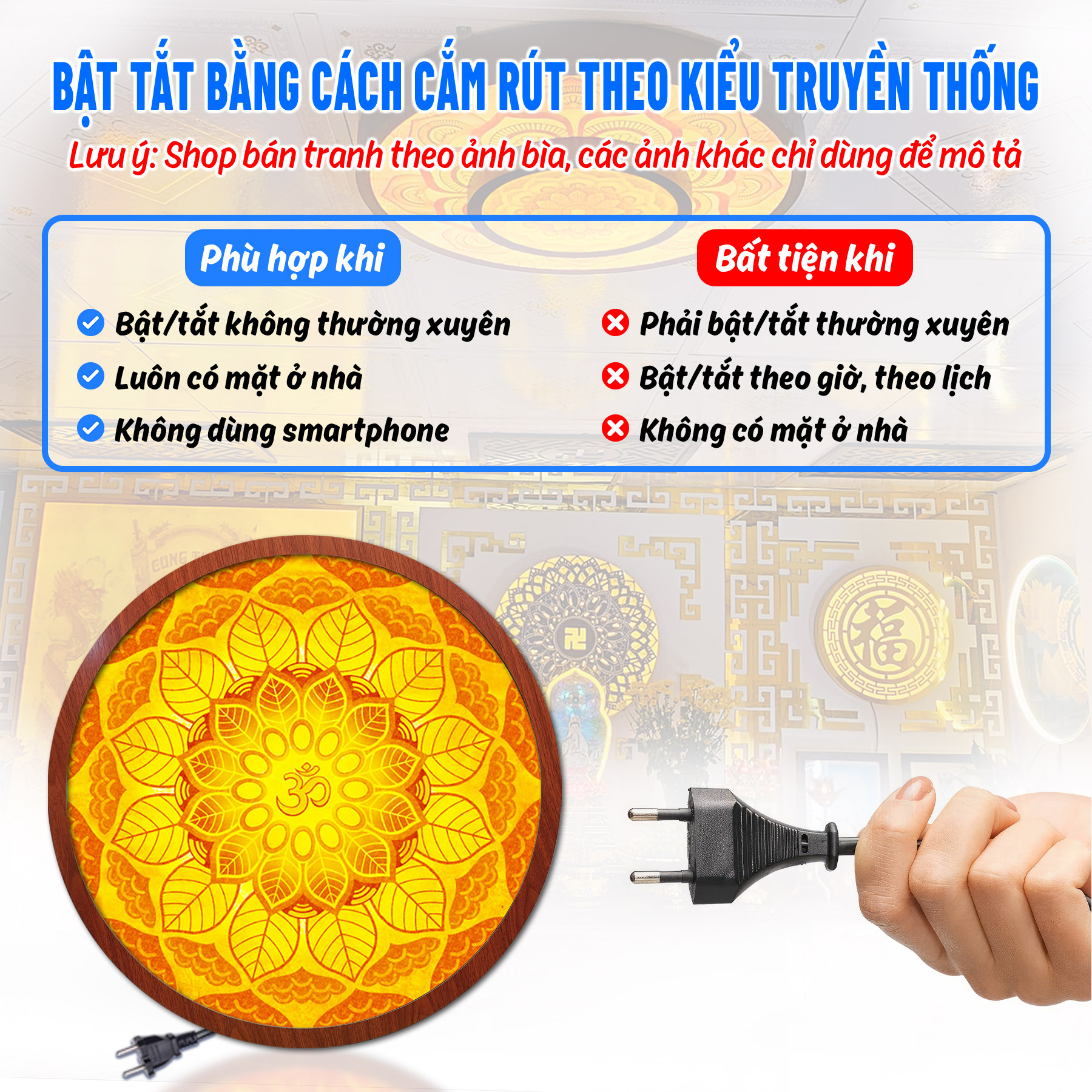 Đèn thờ hào quang phật tranh trúc chỉ tròn chân thiện mỹ, trang trí bàn thờ, hào quang trúc chỉ mandala tc-hq-25