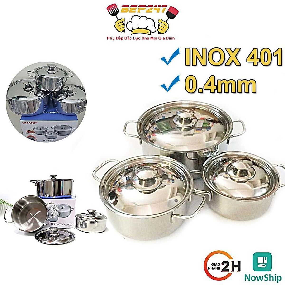 BỘ NỒI SHAR 3 NỒI INOX CAO CẤP