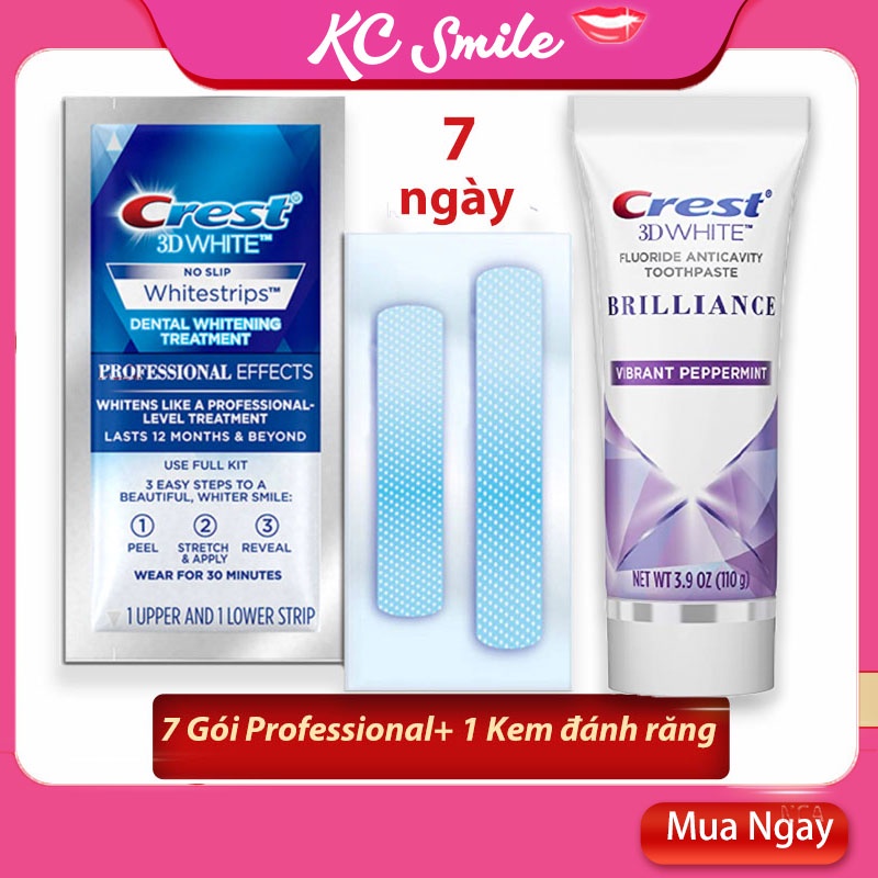 Combo trắng răng Miếng dán trắng răng Crest Professional + Kem đánh răng Crest 3D (7 ngày)