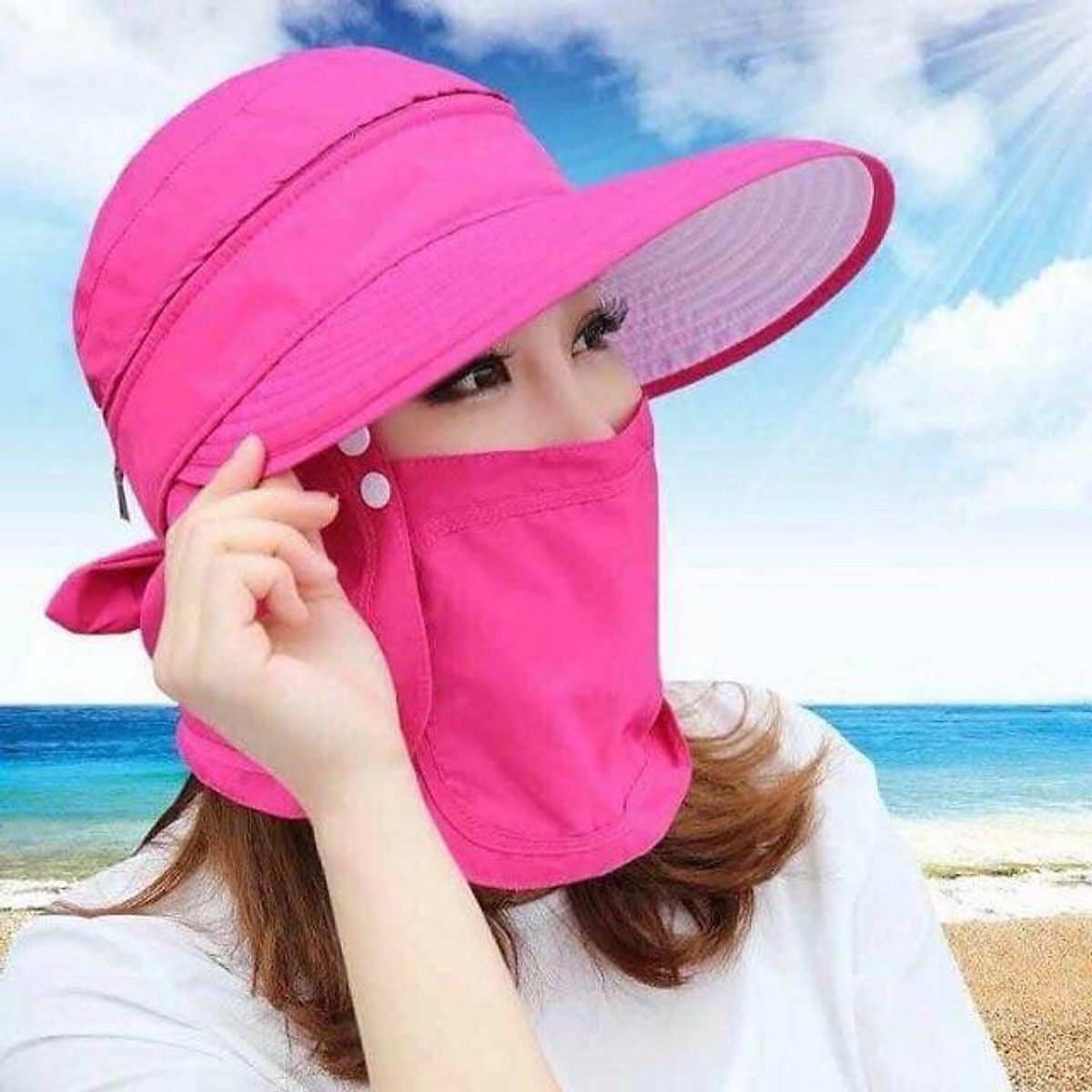 (GOODMAKET)Mũ chống nắng NŨ -Mũ/Nón Nữ Che Nắng Vành Rộng Chống Nắng Ngoài Trời Cho Nữ Chống Tia UV Mũ Có khăn  Che Mặt Cổ - Mũ Lưỡi Trai, Mũ che nắng cực mát khi ra nắng đi chợ, làm vườn, làm việc ngoài nắng