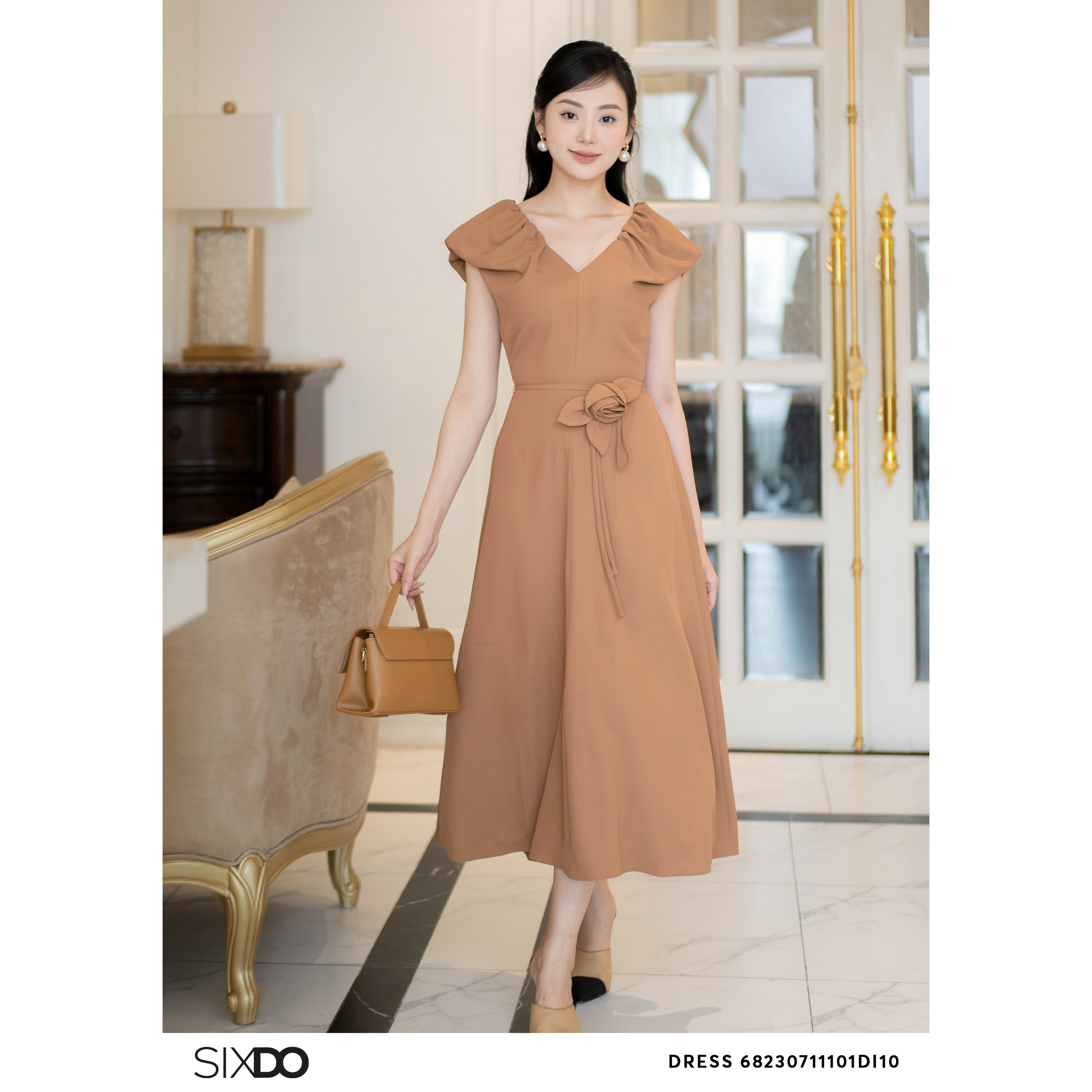 Đầm lụa nâu cổ V tay phồng SIXDO (Yellowish Brown Midi Silk Dress With Flower)