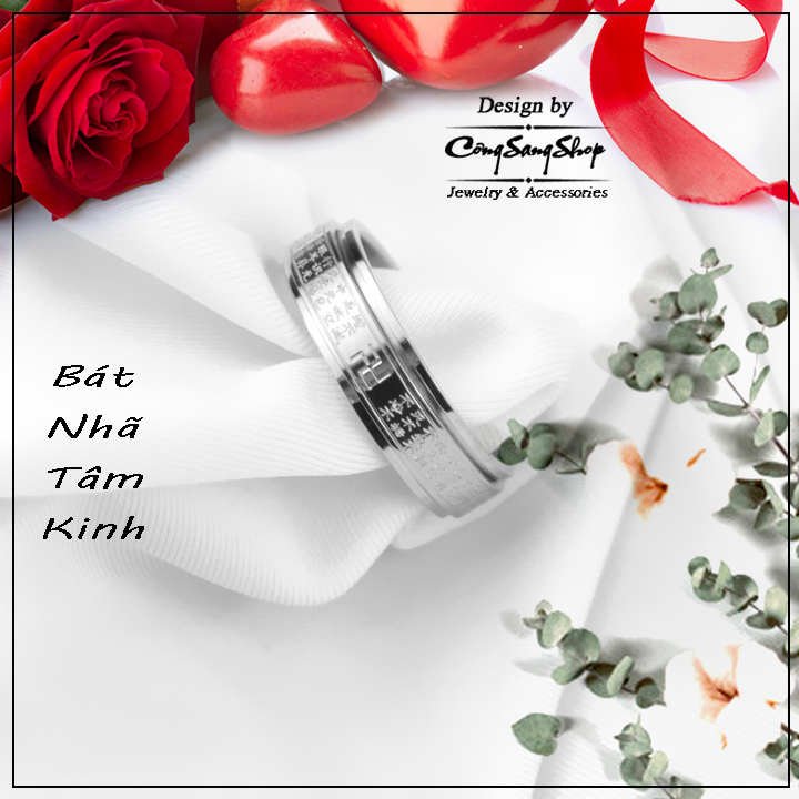 Nhẫn nam nữ bát nhã tâm kinh bản nhỏ màu trắng  - đeo tay vạn sự may