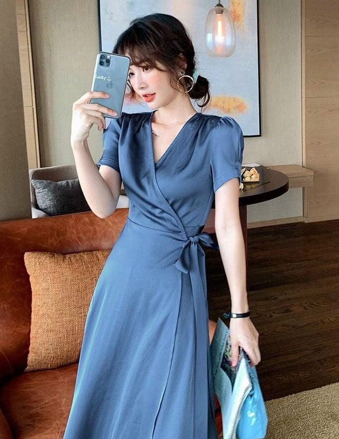 [HCM]Đầm lụa satin đắp tà chéo phong cách Hàn Quốc siêu xinh