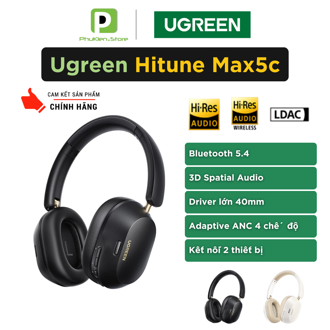 Tai nghe Bluetooth Ugreen Max5c | Hybrid ANC 43db | Kết nối 2 thiết bị | LDAC | Âm thanh 3D