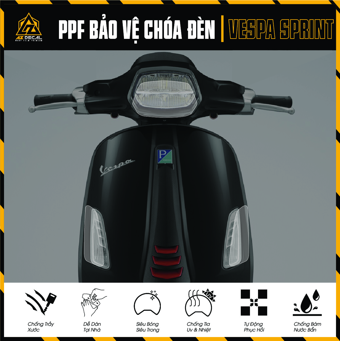 Miếng dán chống xước choá đèn xe máy vespa sprint | film ppf trong suốt bảo vệ đèn pha đèn xi nhan đèn demi dễ dán với đủ dụng cụ - azdecal