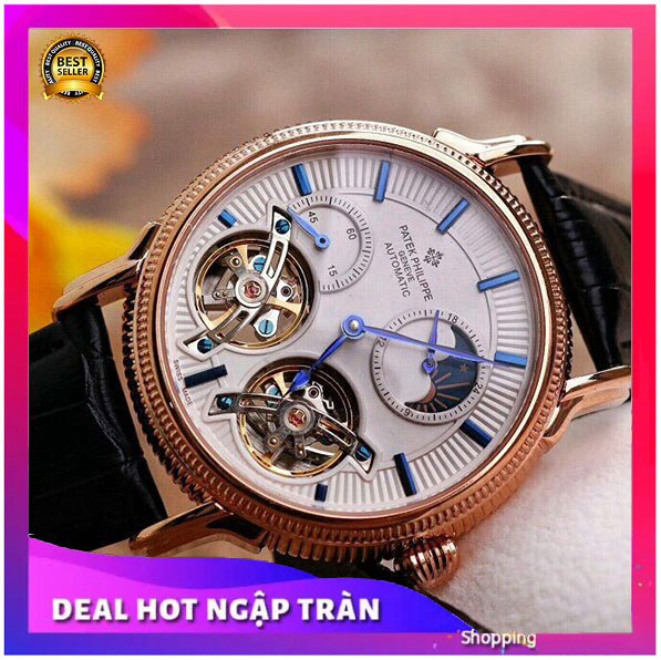 [ VUA ĐỒNG HỒ  VIDEO PATEK ] Đồng Hồ Thời Trang Nam PATEK PHILIPPE Double 2 Tim Automatic Lộ 2 Tim Cao Cấp Vàng Hồng + Thẻ Bảo Hành