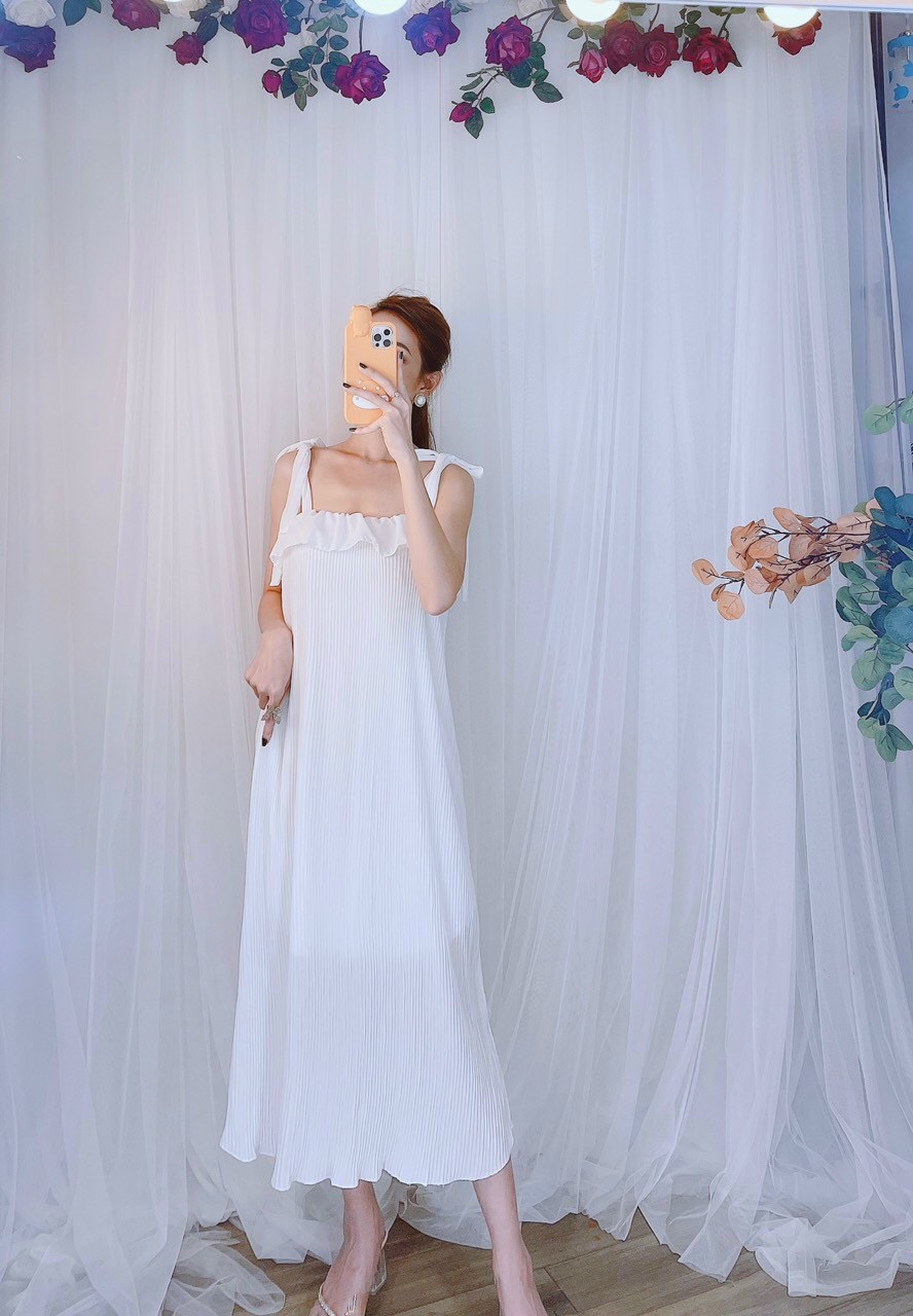 Đầm maxi hai dây cột nơ vai+  ảnh thật mẫu mặc