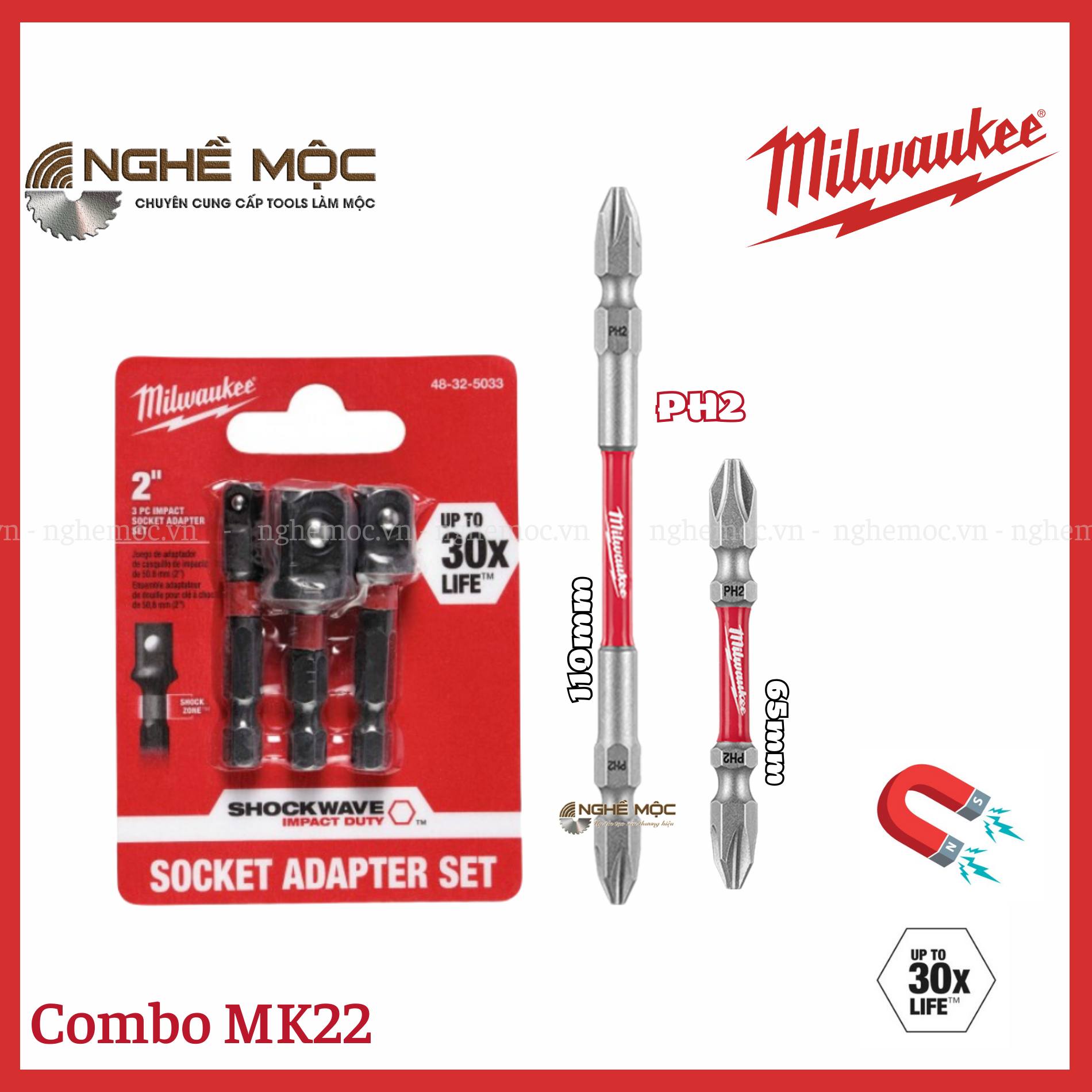 Combo Bộ 3 đầu chuyển, vít ngắn, vít dài Milwaukee