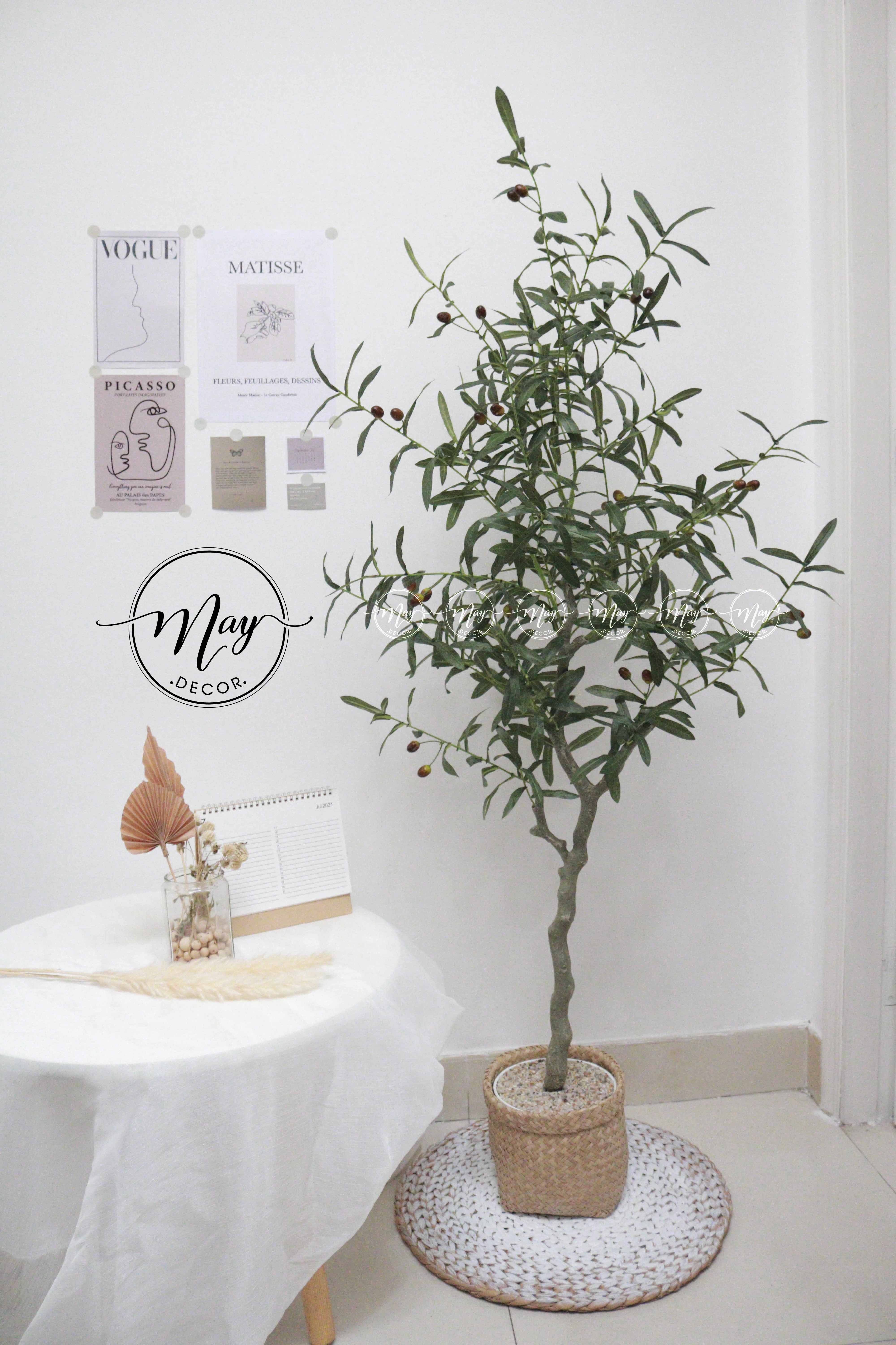 Cây giả, Cây Oliu giả cao cấp 1m4, Decor trang trí nhà cửa có bán kèm giỏ cói, túi giấy