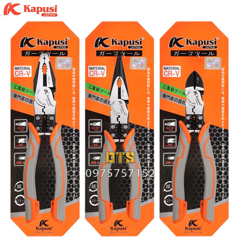 Kìm điện - Kìm cắt - Kìm nhọn, Kìm đa năng công nghiệp Nhật Kapusi JAPAN, thép CR-V cao cấp, độ cứng cao, thiết kế tiên tiến tiết kiệm 30% lực bấm (Kẹp, Cắt, Uốn, Cuộn và Tuốt dây), kìm đa năng, kìm trợ lực, kìm răng tổ hợp