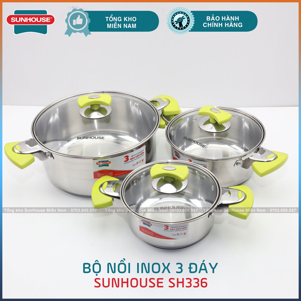 [SH336 SUNHOUSE] Bộ 3 nồi Inox 3 đáy cao cấp