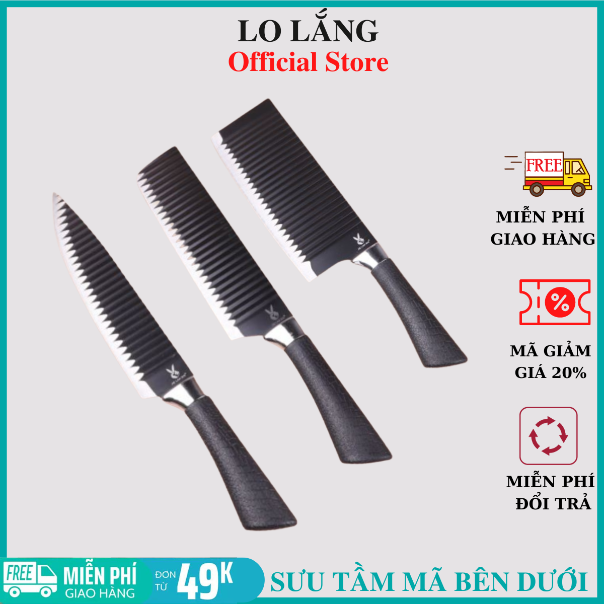 Bộ dao nhà bếp 3 cái thép không gỉ thân dao gợn sóng chống dính siêu bén (chuyên thái, lọc thịt, gọt hoa quả)