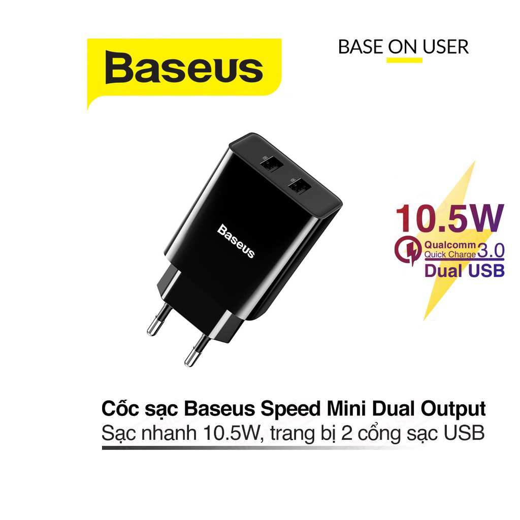 Cốc sạc Baseus Speed Mini Dual USB sạc nhanh 10.5W chuôi tròn chất liệu chống cháy cao cấp