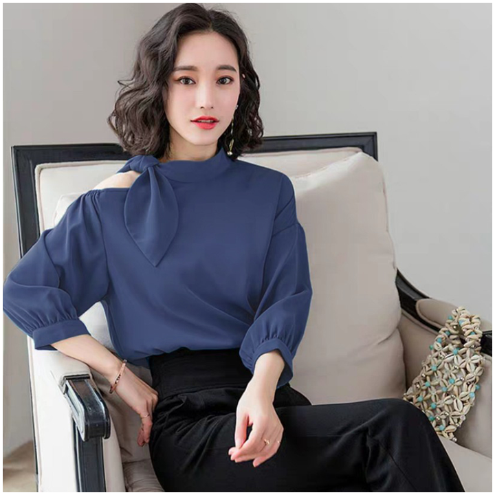 [PILA FASHION]ÁO SƠMI TAY CỘT NƠ MÀU XANH - AP002