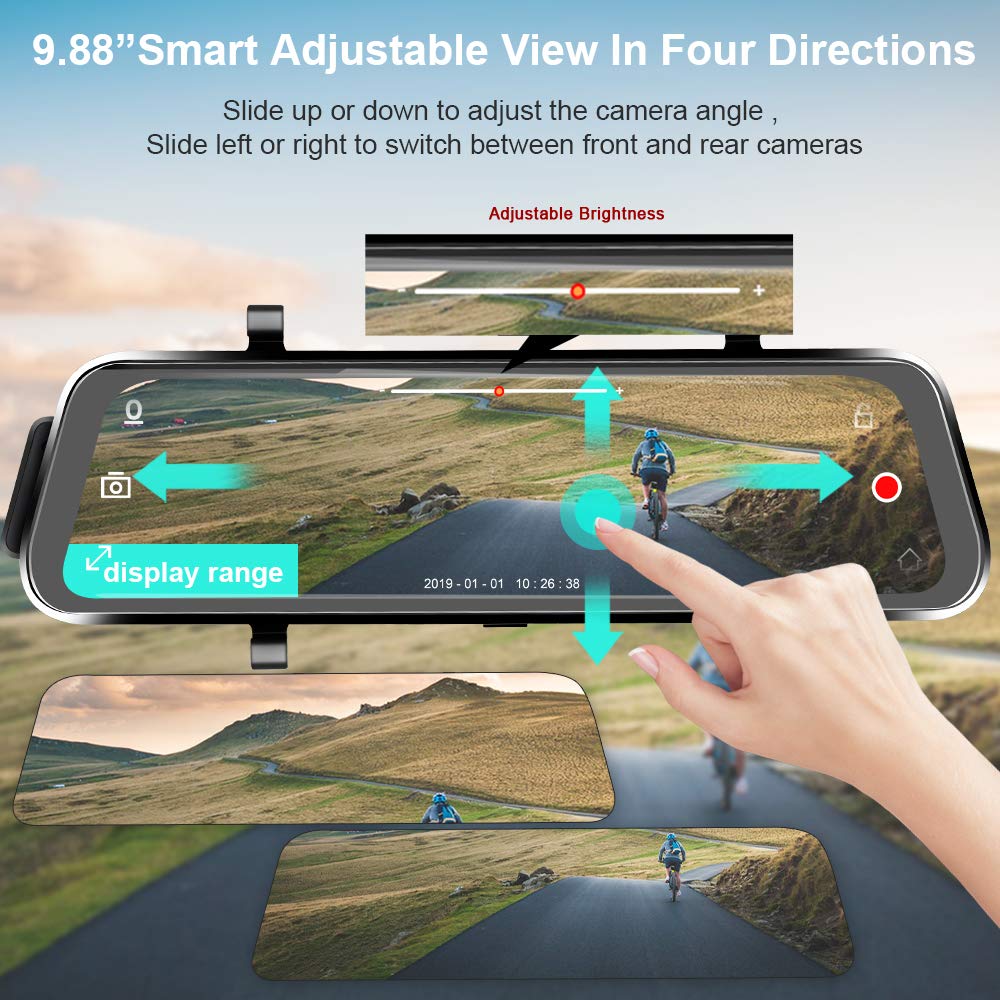 EKLEVA Gương Dash Cam Dự Phòng Camera 9.66 Full Màn Hình Cảm Ứng Dòng Truyền Thông Hai Ống Kính Full HD Camera Lùi, 1080 P 170 ° Full HD Trước 1080 P Và 140 ° Góc Rộng Full HD Camera Phía Sau-INTL