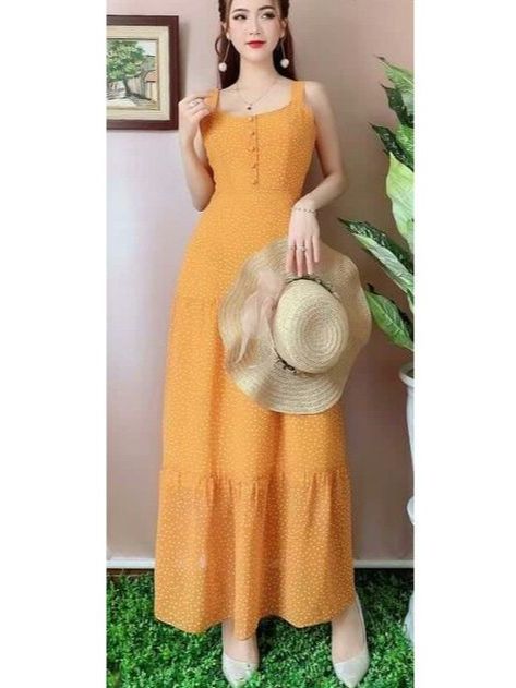 Đầm maxi chấm bi hai dây kết nút nhiều màu
