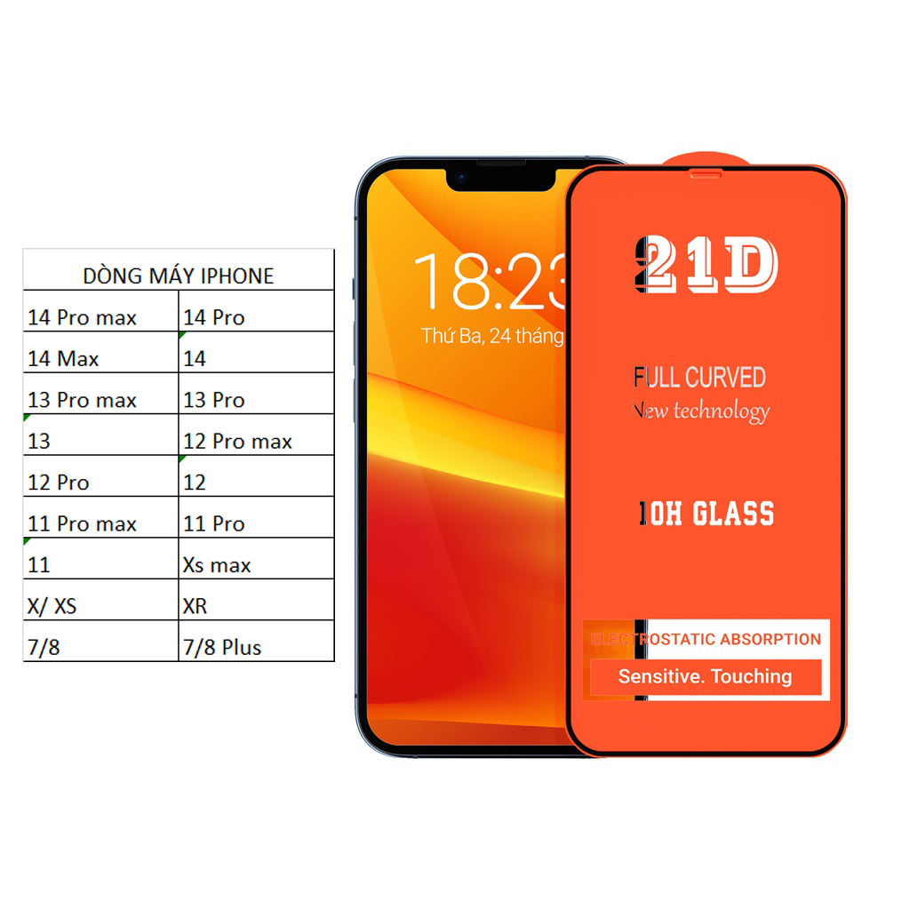 [03] Kính cường lực Iphone 21D full màn đủ dòng