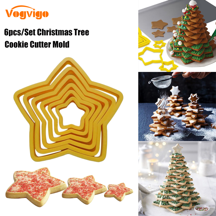 6pcs/Set Christmas Tree Cookie Cutter Mold Five-Pointed Star Shape Cake Cookie Cutter Mold 3D Cake Decoration Tool Baking Mold