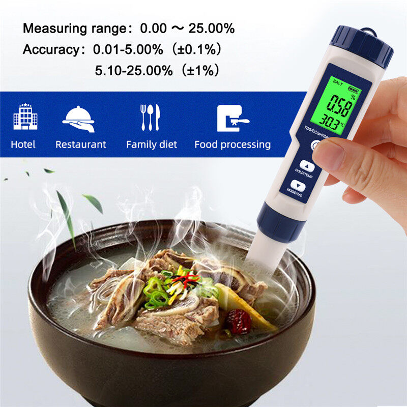 【Bút Kiểm Tra Chất Lượng Nước 5 Trong 1】Máy Đo Độ Mặn Và Độ PH 5 Trong 1, Dùng Để Làm Vườn Và Đo Độ PH/Tds/Ec/Độ MặN/Nhiệt Độ