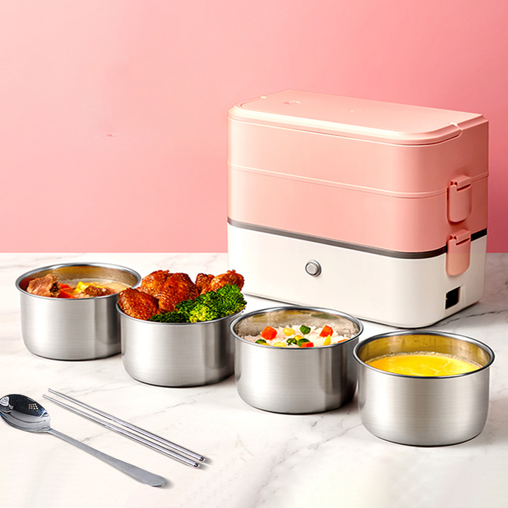 Hộp cơm văn phòng có 4 bát inox giúp hâm nóng cơm, hộp cơm mini xách tay có cắm điện giúp nấu và ủ cơm