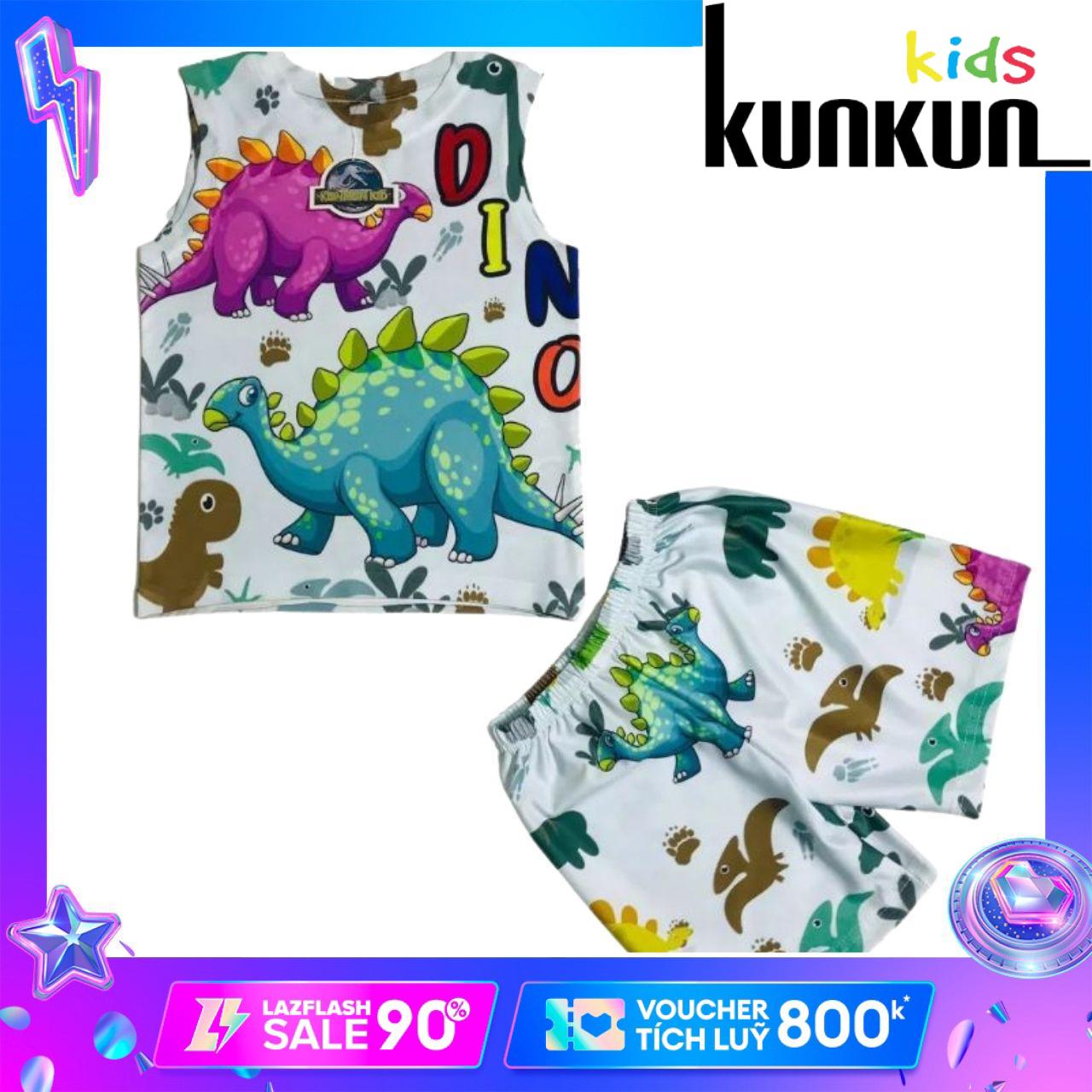Quần áo bé trai in hình Khủng long xanh & tím chất Thun lanh Kunkun Kid BL218 - Bộ ba lỗ bé trai size đại từ 10-60kg