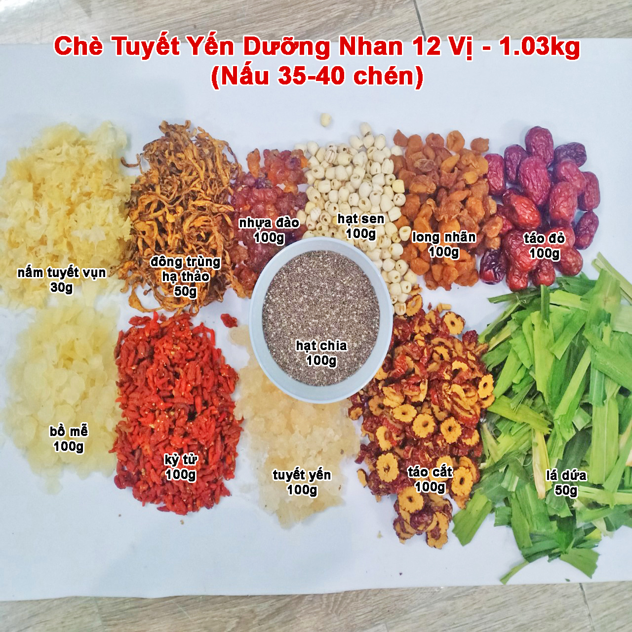 (Nấu 35-40 Chén) Chè Tuyết Yến Dưỡng Nhan 12 vị (KHÔNG ĐƯỜNG PHÈN)