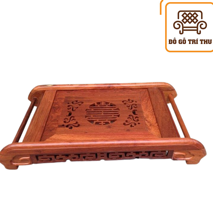 Khay trà chân cuốn thư đục chạm chiện gỗ Hương