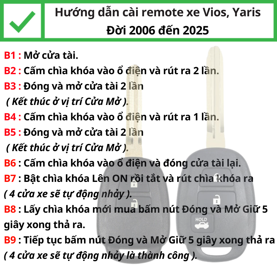 Chìa khoá độ gập Sẵn Mạch Điều Khiển Toyota Vios đời 2006-2025 mẫu V21