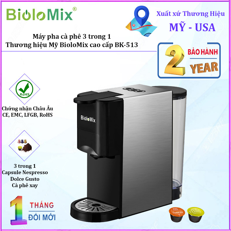Máy pha cà phê 3 trong 1 biolomix bk-513 công suất 1450w - bảo hành 12 tháng