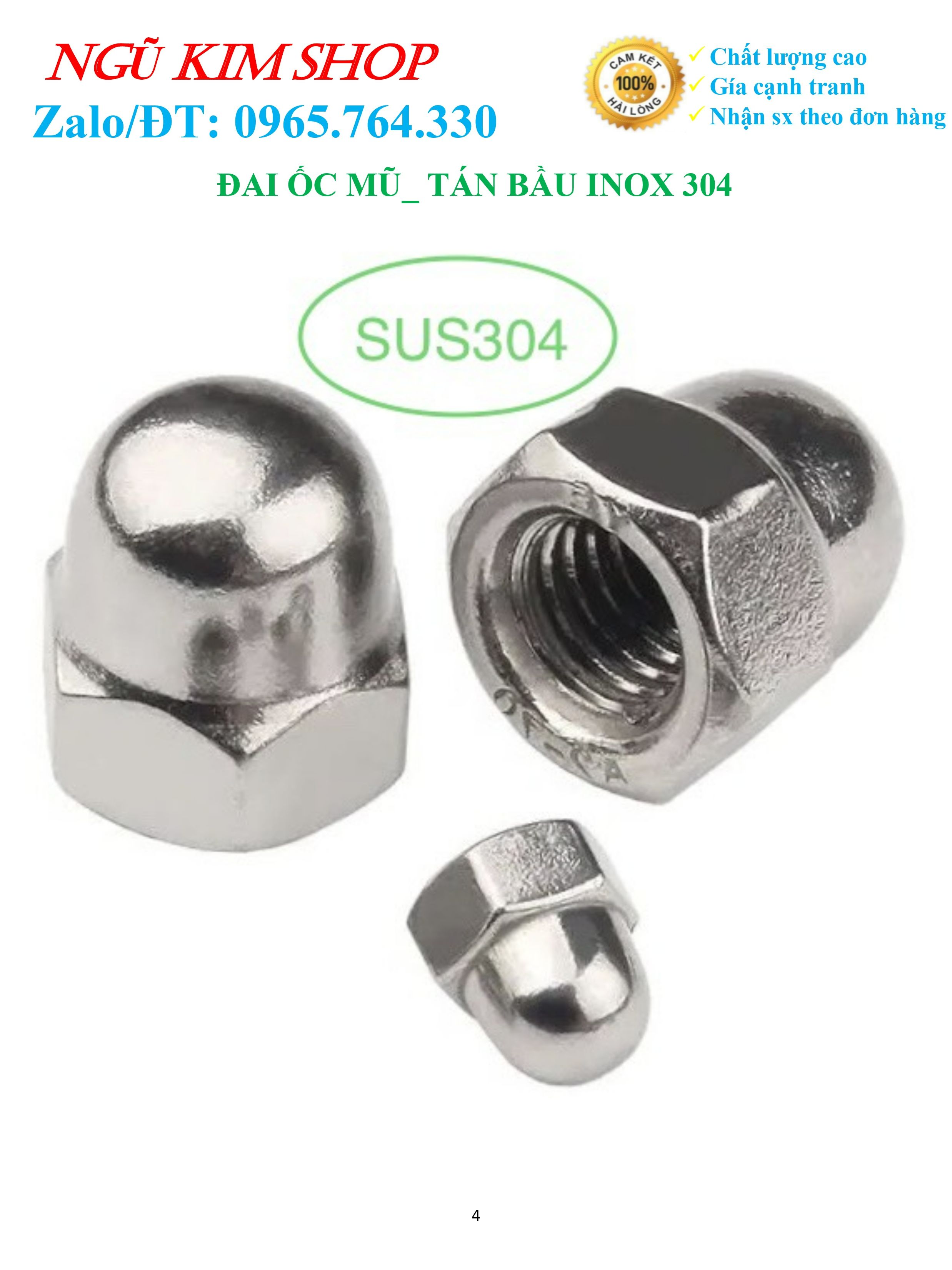 ĐAI ỐC MŨ _ TÁN BẦU M4, M5, M6, M8 INOX 304
