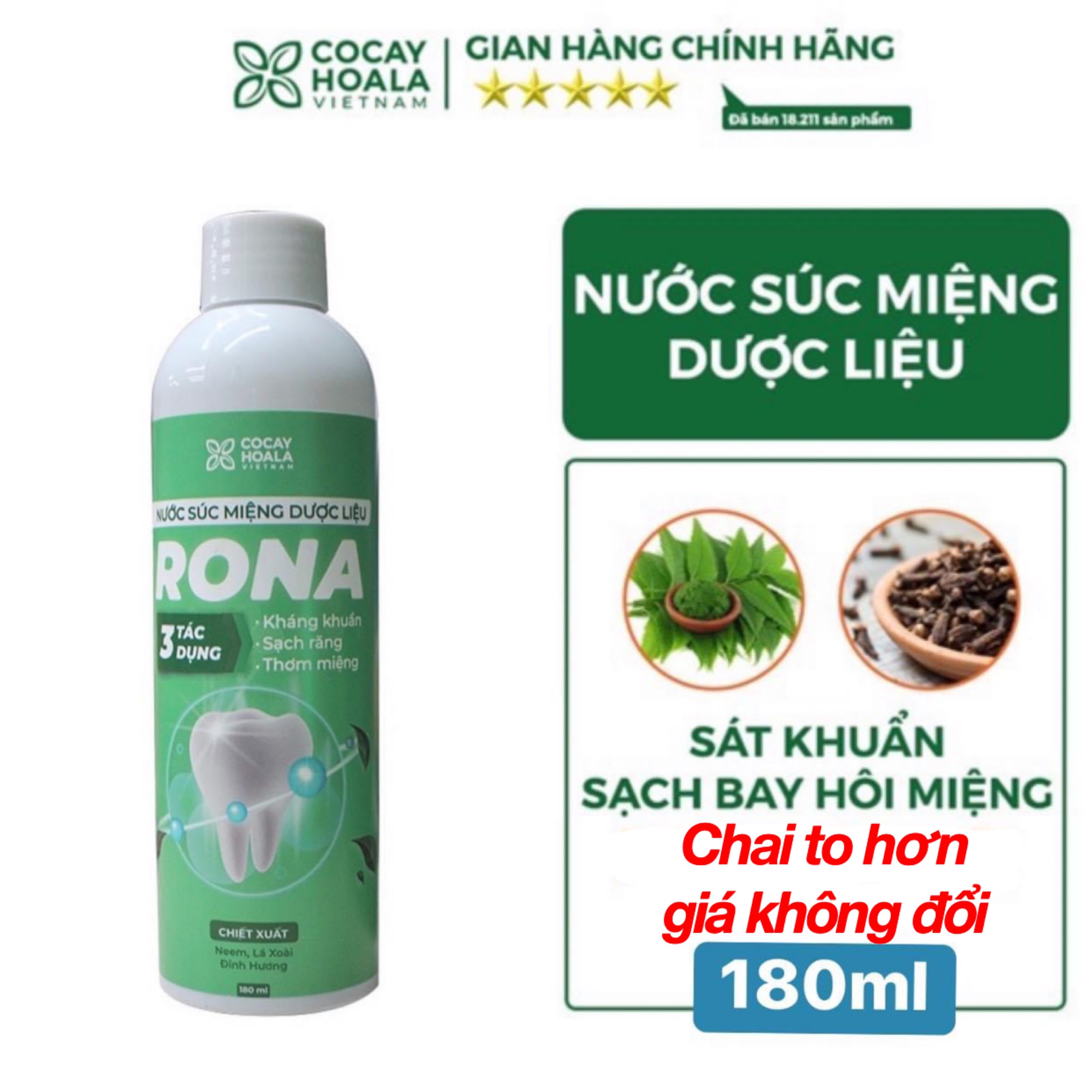 Nước súc miệng dược liệu rona - chai to 180ml
