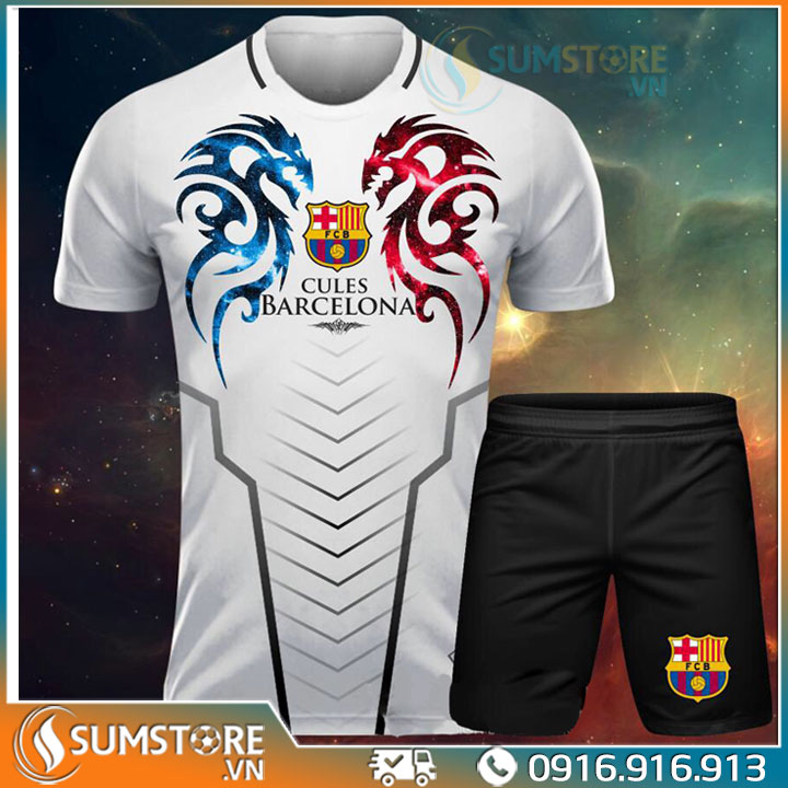 Áo thể thao bóng đá độc lạ đẹp - bộ đồ đá banh clb barca stream trắng vải thun lạnh thái cao cấp