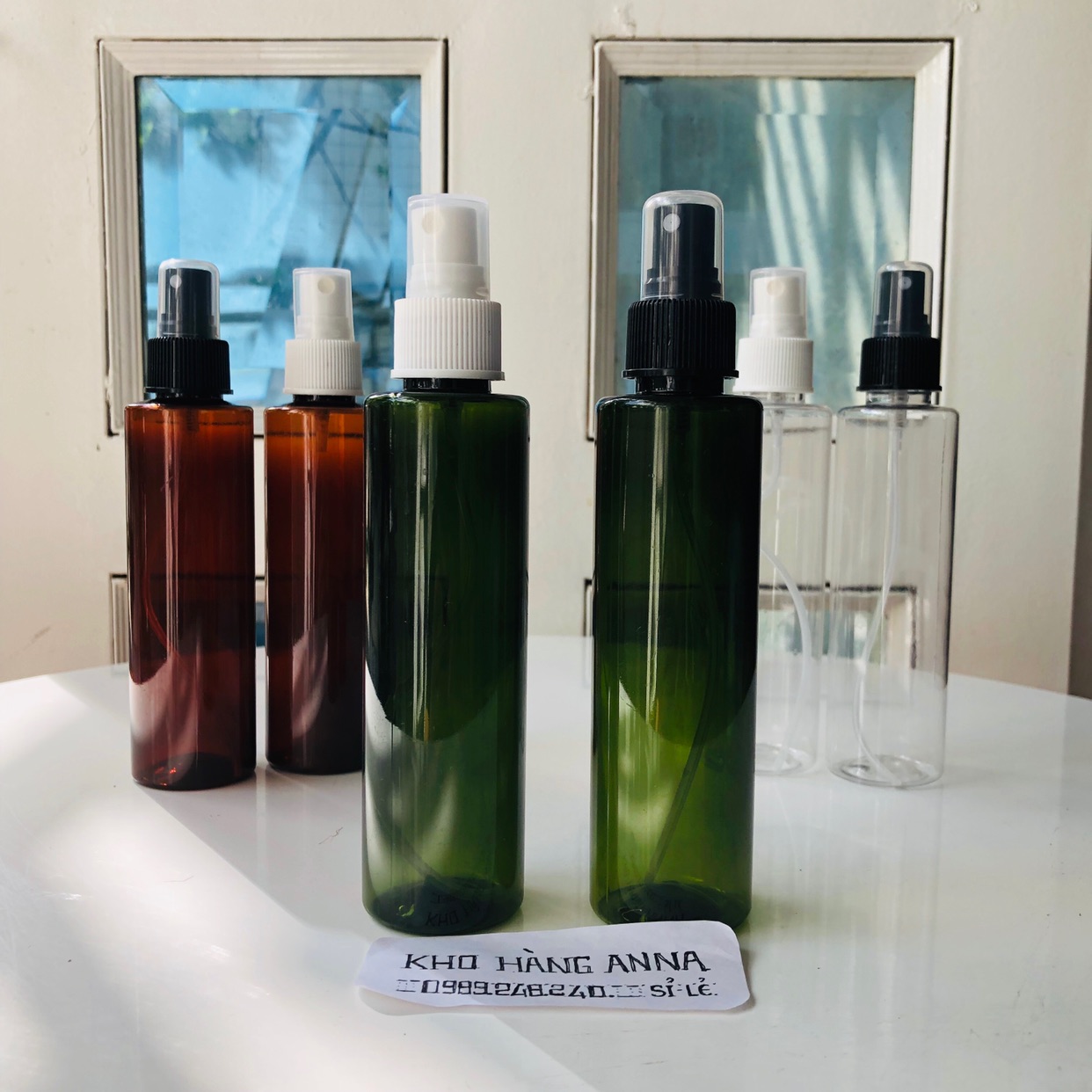 [Chai lọ hủ nhựa 150ml xịt sương ]  5 chai nhựa pet 150ml Xanh lá / trong suốt / nâu  nắp xịt phun sương - combo 5 chai nhựa chiết mỹ phẩm / chiết nước hoa / xịt cồn phun sương 150ml