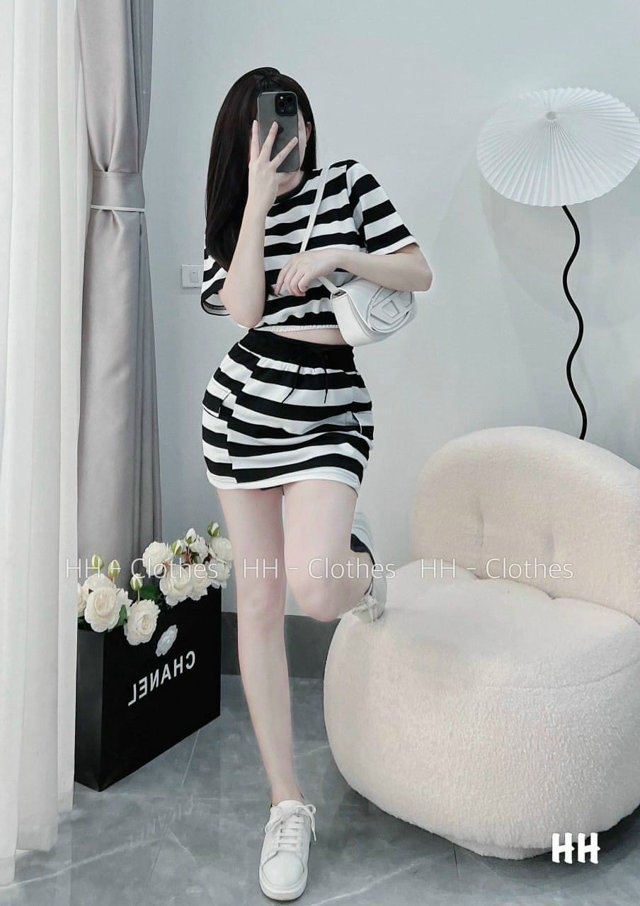 Set bộ sọc áo croptop tay ngắn cổ bẻ ôm eo cột dây phối chân váy ngắn, Set kẻ sọc ngang áo tay ngắn cổ tròn khoét hở lưng cột dây kèm chân váy bút chì