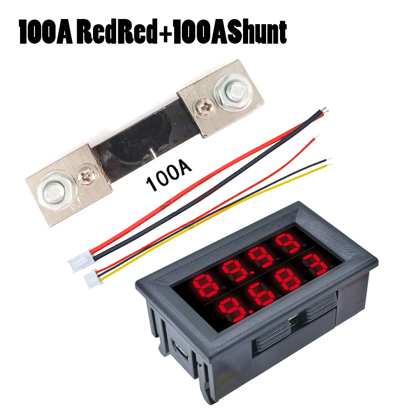Dc 0-200v 10a 50a 100a 0.56 inch led digital voltmeter ammeter + shunt dual display 4 bit current voltage meter tester