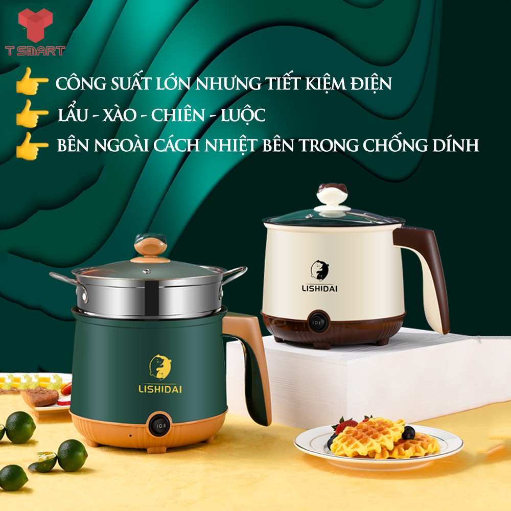 Nồi lẩu - nồi lẩu điện mini 2 tầng chống dính kèm khay hấp inox - nồi lẩu đa năng kiểu dáng thông minh và hiện đại - nổi lẩu đa năng - nồi lẩu điện -. nồi lẩu gia đình - nồi - nồi lẩu điện gia đình 1000w đáy inox 304