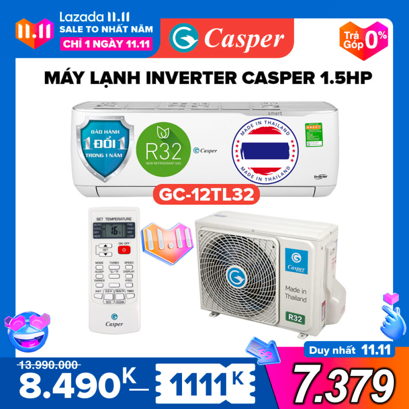 Máy Lạnh Inverter Casper 1.5HP - Model GC-12TL32 Dưới 20m2, Công Suất 12000BTU, Gas R32, Đổi mới 1 năm, Nhập khẩu Thái Lan, Máy Lạnh Giá Rẻ Chất Lượng - Bảo Hành 3 Năm
