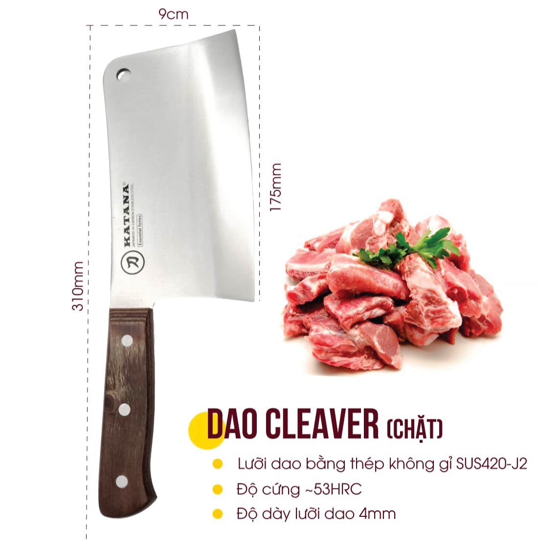 BÁO GIÁ Dao Làm Bếp Elmich | Shopee Lazada Sendo Tiki mới nhất 56 Dao chặt KATANA Cleaver - Dao làm bếp cao cấp thương hiệu KATANA KATA205 - Dao chặt thịt, dao chặt xương 175mm - Cán gỗ pakka - Thép không gỉ 57HRC - Bảo hành 2 năm