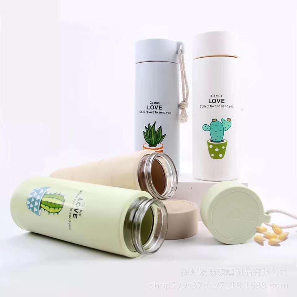 Bình nước giữ nhiệt hoạ tiết xương rồng-Bình Nước Thủy Tinh Bọc Nhựa Cây Xương Rồng 400ML Có Dây Xách