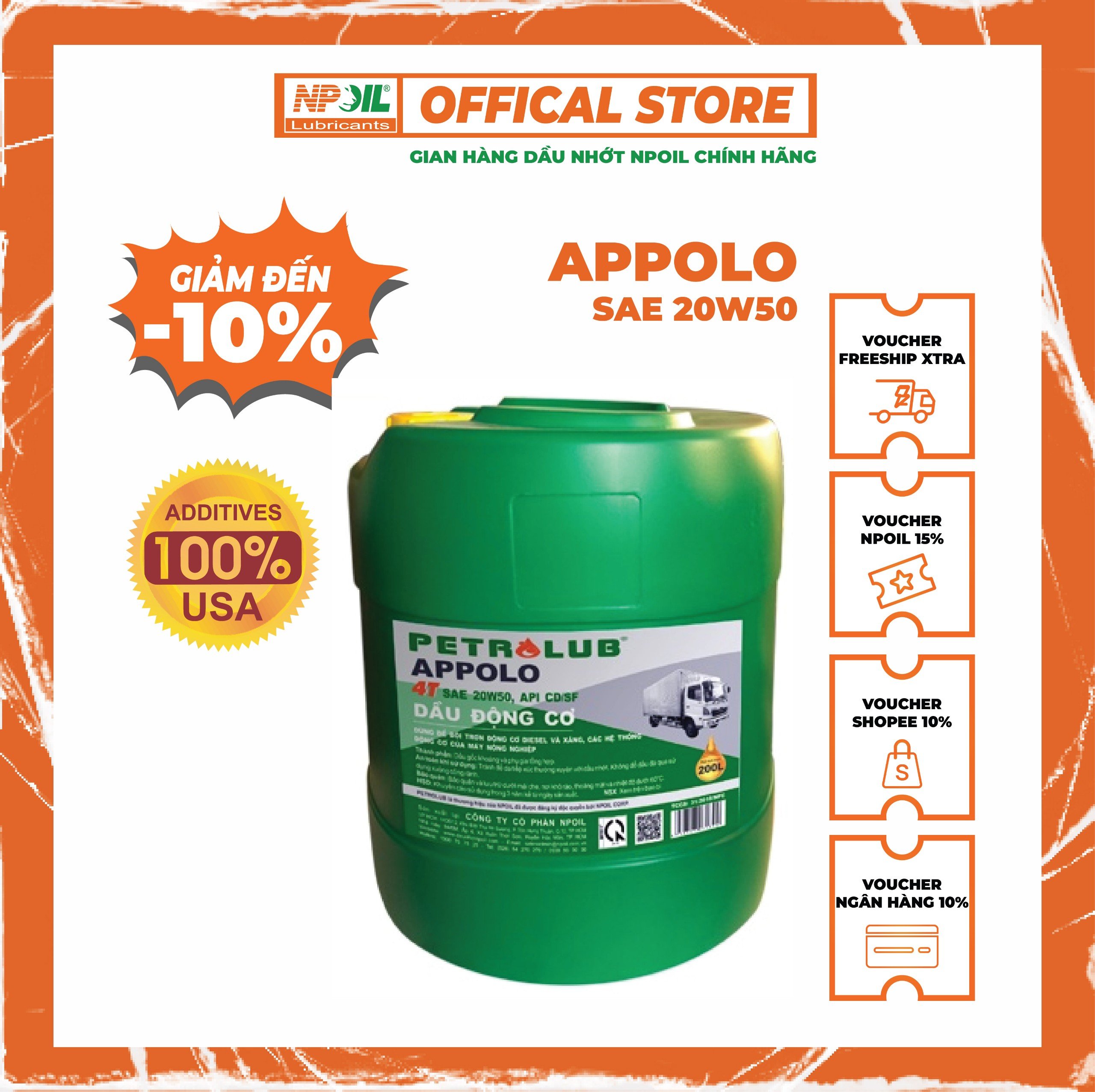 Petrolub - dầu động cơ petro appolo cd/sf 20w50 - can 18 lít