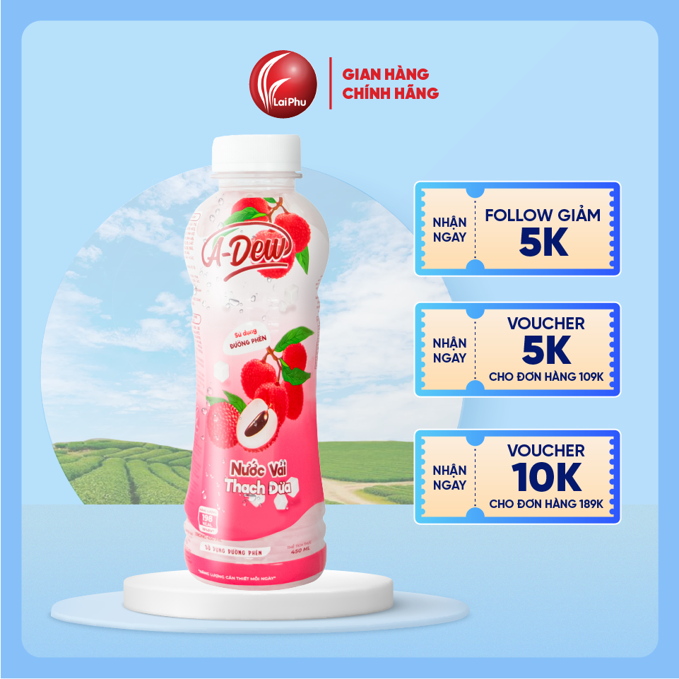 Nước Vải Thạch Dừa A-Dew Chai 450ml - Lốc 6 Chai